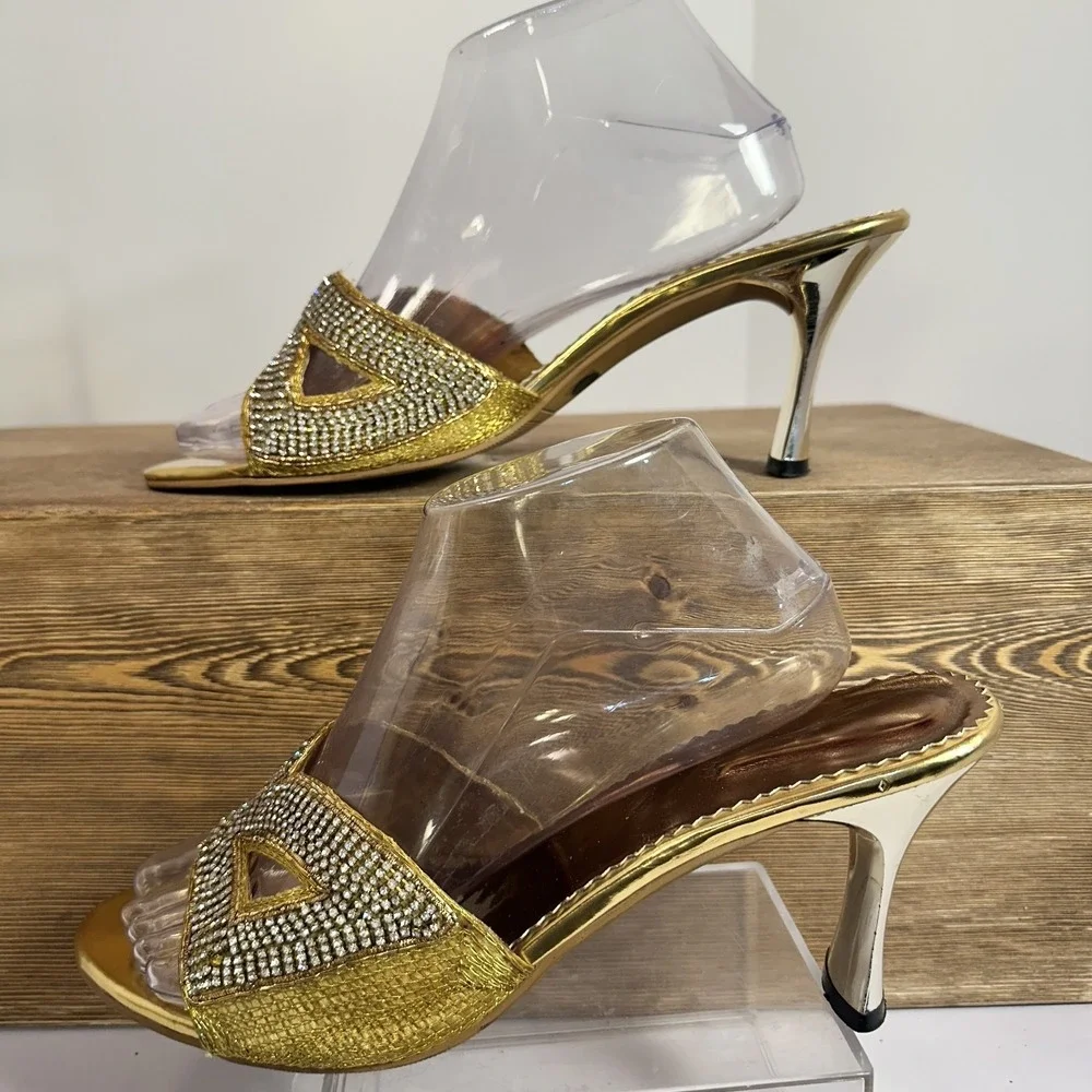 VTG Rhinestone Gold Stiletto Mule Heels Womens 12 Glam Pageant Prom Evening Gala